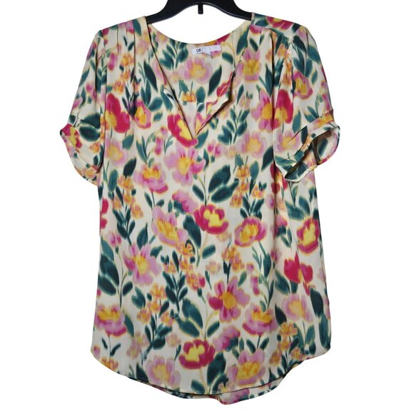 DR2 Womens Multicolor Floral Short Sleeve Top Size Large Boho Vneck Spring Date - Picture 1 of 10